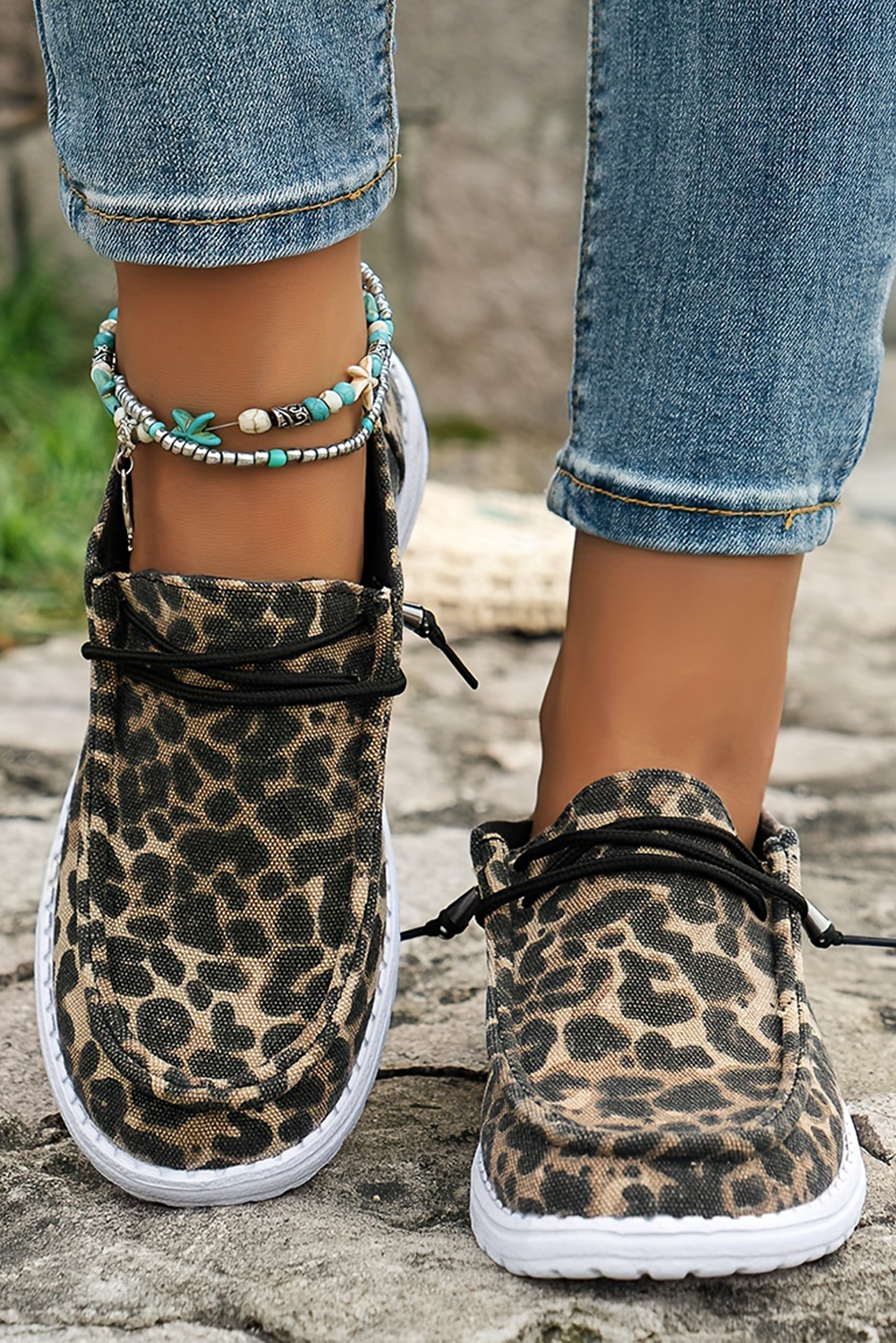 Kira Lace-up Decor Leopard Canvas Shoes